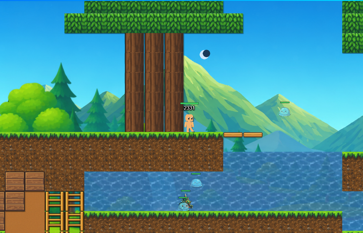 Real gameplay from Floor 1: The Forest, with its giant tree, lake and slimes